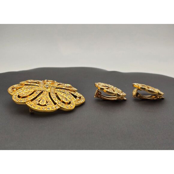 VTG Gold-Tone Floral Brooch & Clip-On Earrings Set w/ Clear Rhinestones Lot of 2 - Picture 5 of 8